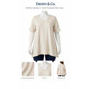 Denim & Co Perfect Jersey V-neck Trapeze Hem Top Soft Oatmeal Heather 3X A254299